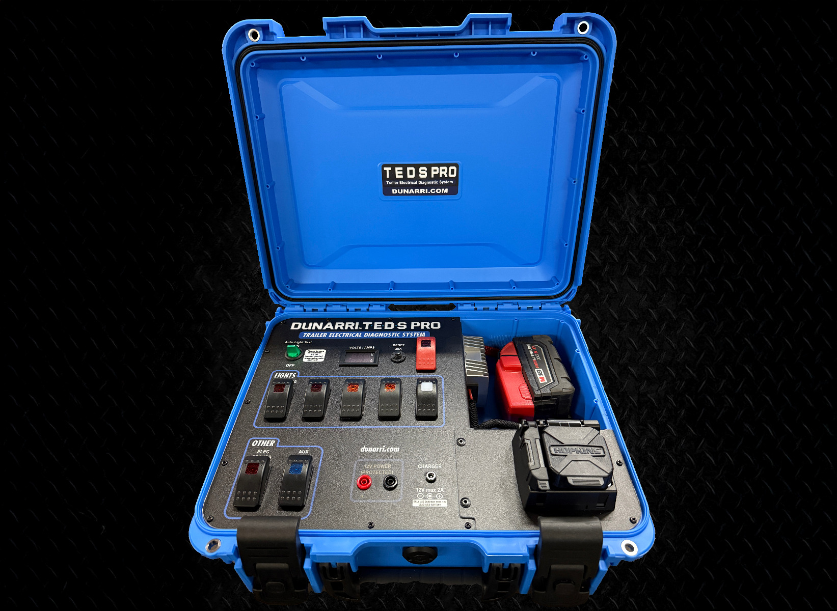 Dunarri TEDS Pro trailer electrical system tester with amp/volt display in a rugged case